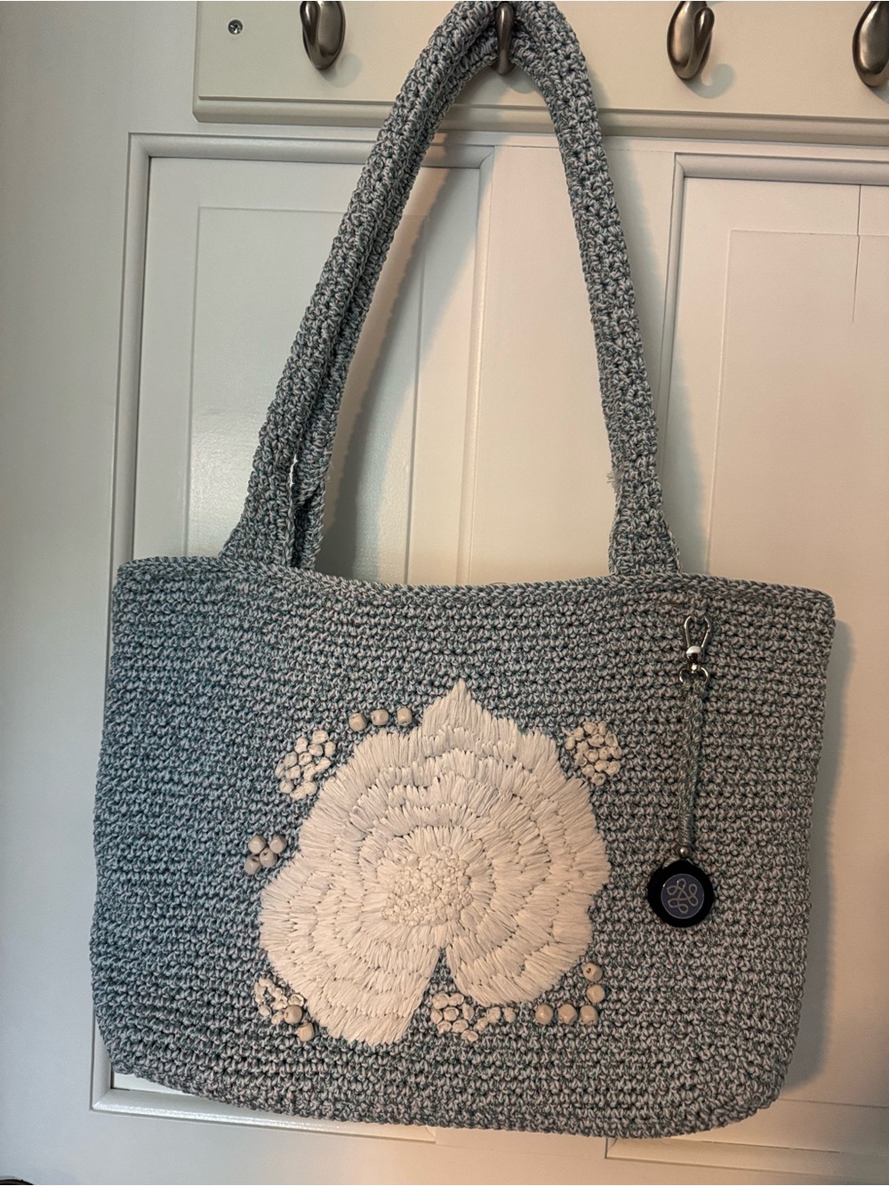 The Sak Dusty Blue Woven Tote with White Floral Appliqué Cottagecore Summer Bag